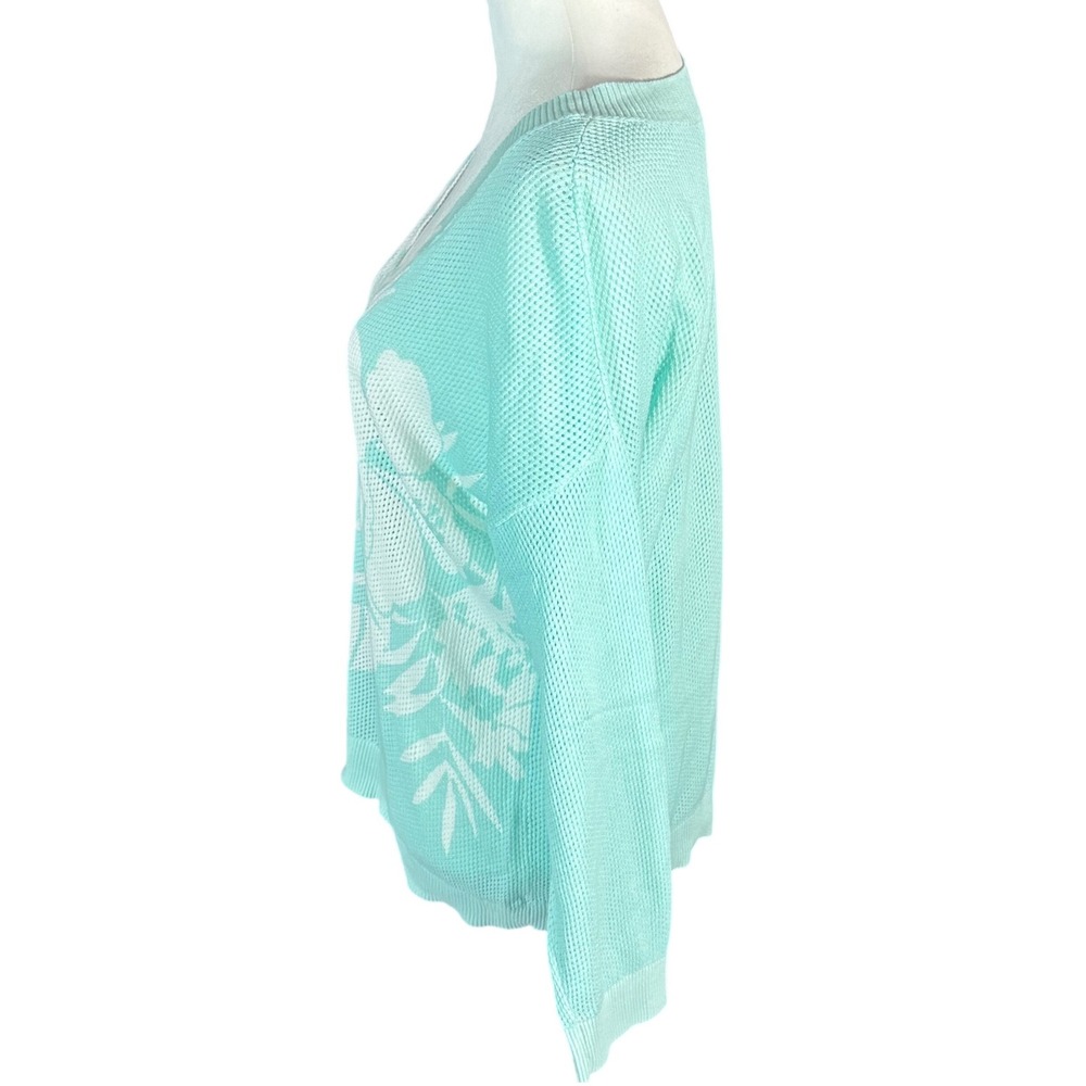 Tommy Bahama Sweater Women Medium Aqua Tropical Leaf Print V-Neck Cotton Knit - Picture 2 of 8